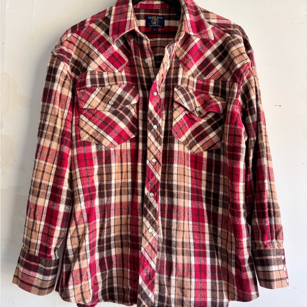 Salmon River Red, Brown & Tan Plaid Wool Shirt Jacket